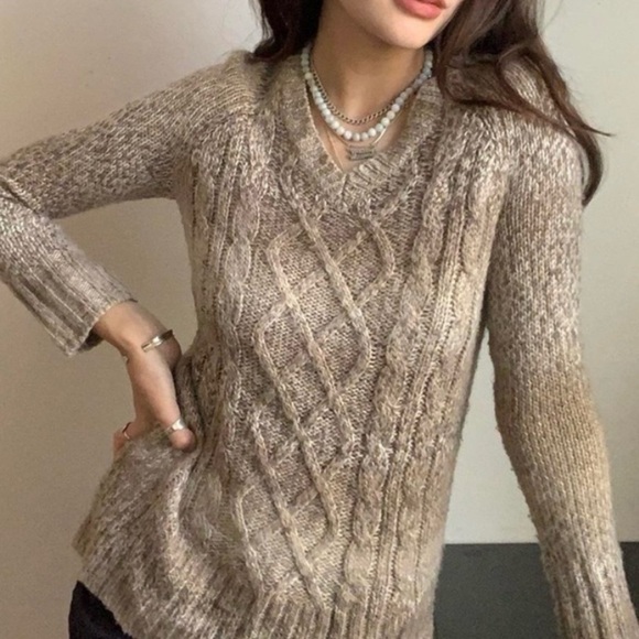 PRANA LEISEL Cable Knit V-Neck Women’s Marled Pullover Sweater Size LG Ombre EUC - Picture 1 of 17